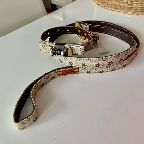 Luxury bow tie pu leather dog collar with leash - Picture 13 of 13